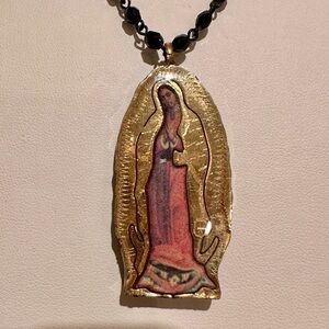 Our Lady of Guadalupe Elegant Black Beaded Necklace with Gold Shimmer